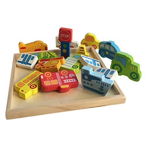 Portland Puzzle Co. - 3D Wooden Jigsaw Puzzle Set & Play Pieces with Wooden Assembly Tray - Planes, Trains & Automobiles Theme - Fun, Educational & Interactive