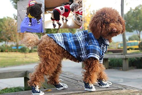 Rainbowee 4Pcs Casual Non-slip Pet Doggie Rubber Boots Lace-up Dog Puppy Sneaker Canvas Sport Shoes (Medium, Dark Blue)
