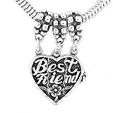 Silver Best Friend Three Way Split Heart Dangle Bead Charm