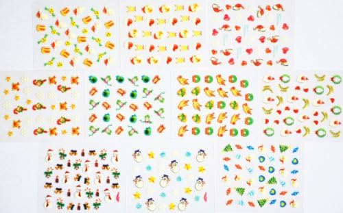 10pcs/package nail stickers decals multi mix designs including merry christmas gift nail decals stickers/santa claus/gloves/gift/candy/snow flowers/christmas hat/bell/snowman/deer/christmas trees/stars/etc.
