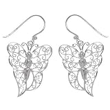 Rhodium Plated Sterling Silver Filigree Butterfly Drop Earring