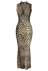 Sexy Mesh Leopard Print Polyester High-Neck Sleeveless Maxi Dress 
