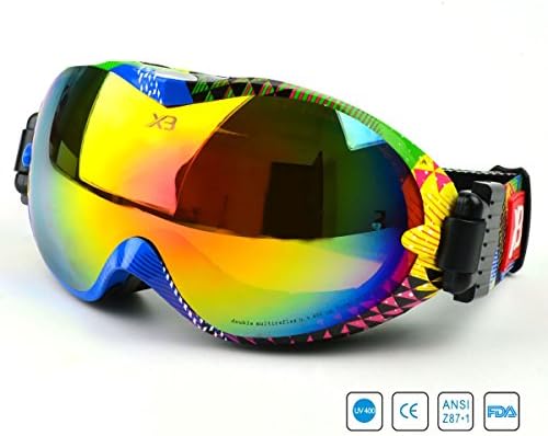 Pro Ski Snow Goggle with Mirrored Lens Anti-Fog UV Protection Detachable Wide Spherical Goggle Lens Panlees Blue Multi