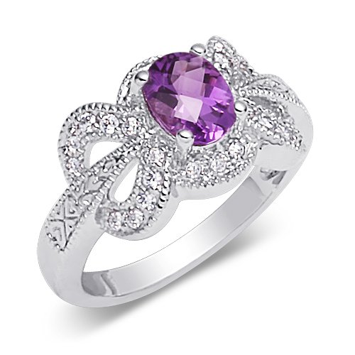 Glamourous 0.75 carat total weight Oval Shape Checker Board Amethyst & White CZ Size 6 Gemstone Ring in Sterling Silver Rhodium Finish