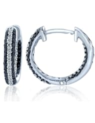 White Black Round Brilliant Cut Diamonds Inside Out Huggie Hoop Earrings 14k White Gold (3/4 Carat, SI Clarity, G/Black Color)