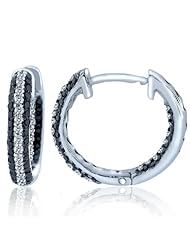 White Black Round Brilliant Cut Diamonds Inside Out Huggie Hoop Earrings 14k White Gold (3/4 Carat, SI Clarity, G/Black Color)