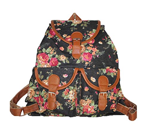 niceEshop(TM) Ladies Girls Vintage Floral Flower Canvas Travel School Bag Backpack Rucksack,Black