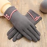 JJdo レディース暖かく手袋　防水ピリングがない　ハンドウォーマー 指先スマートフォン対応　シンプルなデザイン刺繍　紫　ピンク　黒い　ブラウン (ボタン-グレイ)