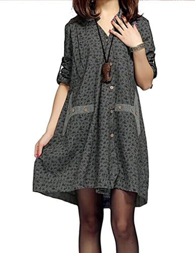 VENTELAN Women's Long Sleeve Korean Floral Print Button-Front Loose Fit Dress