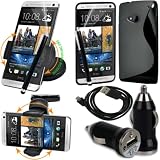 BAAS� HTC One M7 (2013 Model) - Support Voiture Ventouse pour Fixation sur Pare Brise Avec 360 � Degr� rotation fonction+ noir Housse Etui en Silicone Gel + Micro USB c�ble de donn�es + USB voiture chargeur Adaptateur + Films de protection �cran + Stylet