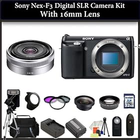 Sony Nex-F3 Digital SLR Camera Kit with 16mm Lens. Includes the Sony NEX-F3, Sony E-Mount SEL16F28 16mm f/2.8 Wide-Angle Alpha E-Mount Lens, 0.45X Wide Angle Lens, 2x Telephoto Lens, 3 Piece Filter Kit(UV-CPL-FLD), Flash, 32GB Memory Card, 67 Tripod, Extended Life Battery & More!