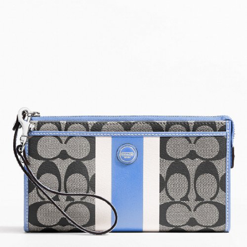 COACH SIS PVC Stripe Zippy Wallet / Wristlet in Black / White / Sky Blue 49078 Picture