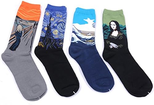 Men's 4-Pair Painting Socks Mona Lisa, Starry Night, Great Wave of Kanagawa, Scream
