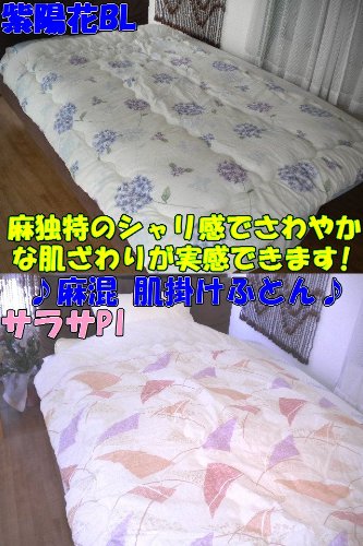 【紫陽花 BL】 ♪ 麻独特 の シャリ感 で さわやか な 肌ざわりが実感できる♪ 麻混肌掛布団 ＊裏地 綿ガーゼ 使用 ! シングルサイズ 【 １４０Ｘ１９０ ｃｍ】♪ 高温多湿 で 寝苦しい 日本の 夏 にはやはり 麻素材 がお勧めです。 ♪　＊紫陽花BL 以外の柄は、下記の色：と記載している枠の右側の矢印をクリックで選べます。 (ブルー)