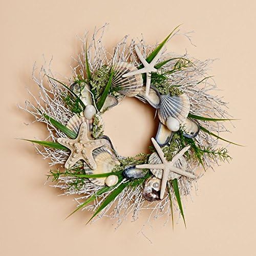 Harvest of Barnstable NBW14 14 In. White Twig Wreath With Native Scallop Shells,Blue Mussels And Starfish Nautical Blues