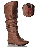 Qupid Neo-144 Vegan Leather Slouchy Almond Toe Mid Calf Slip On Blue Elastic Boots COGNAC RED PU (10)