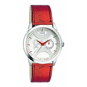 D&G Twin Tip Ladies Quartz Watch DW0701 With Silver Multi Function Dial, Stainless Steel Case And Red Metallic Leather Strap