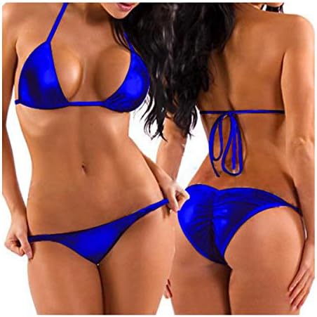 Women Sexy Lingerie Exotic Leather Bra and G-string Bikini Set for Nightclub Nightwear Swimsuit(Blue)