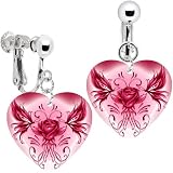Heart Pink Tribal Butterfly Rose Clip Earrings