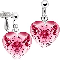 Heart Pink Tribal Butterfly Rose Clip Earrings