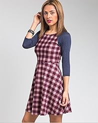 Polyester/Spandex Checkered Print Raglan Sleeves Skater Dress 