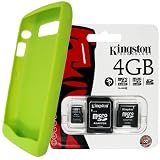 Kingston 4GB MicroSD Card With SD and MiniSD Adapters and BlackBerry Green Patterned Color Matte Finish Silicone Skin Case for BlackBerry Pearl 3G 9100