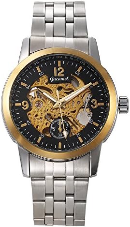 Gucamel Mens Noble Skeleton Hollow Stainless Steel Gold Automatic Mechanical Quartz Wrist Watches