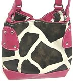 Brown / White Giraffe Print Bucket Bag Hot Pink Trim