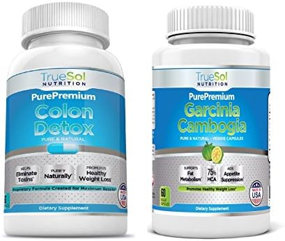 True Sol - 100% Pure and Natural Colon Cleanse & Garcinia Cambogia 75% HCA Purify and Detoxify - With Acidophilus and Acai 60 Capsules Per Bottle (Garcinia 75% HCA & Detox Colon Cleanse)