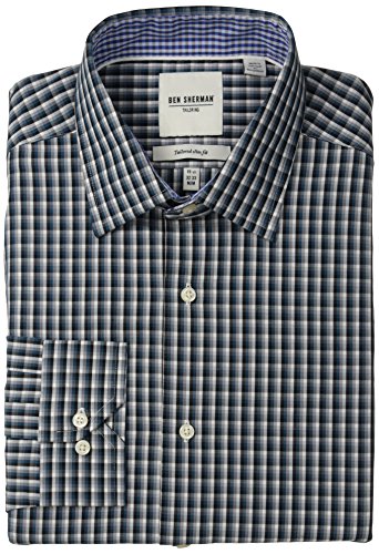 Ben Sherman Men's Mini Multi Plaid Slim Fit Dress Shirt, Teal, 15.5 x 34/35