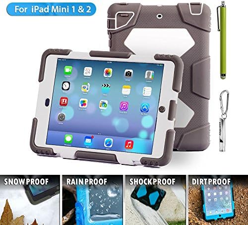 Ipad mini case,Olg Tecg design *new* products iPad mini 1&amp;2&amp;3 case [snowproof] [waterproof] [dirtproof] [shockproof] cover case with stand Super protection for kids Extreme Duty Dual Protective Back Cover Case Carabiner + whistle + handwritten touch pen (gray white)