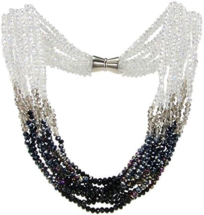Crystal Collection 20 Inch Long Multi Strand Ombre Crystal Necklace in Black Grey Smoky &amp; Clear