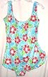 END OF SUMMER SALE Plus Size Sarong Swimsuit Aqua/Red Flowers