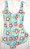 END OF SUMMER SALE Plus Size Sarong Swimsuit Aqua/Red Flowers