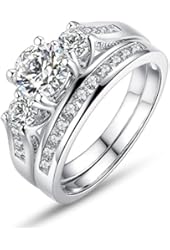 Bamoer Set of 2 18K White Gold Plated Princess Cut Big Round Cubic Zirconia 3 Stone Engagement Wedding Ring Set for Her Women Girls Sizes 6 to 9