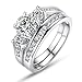 Bamoer Set of 2 18K White Gold Plated Princess Cut Big Round Cubic Zirconia 3 Stone Engagement Wedding Ring Set for Her Women Girls Sizes 6 to 9