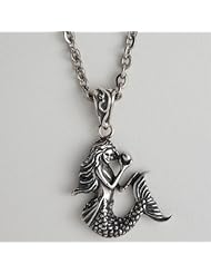 Mermaid Sterling Silver Necklace on 20 Inch Stainless Steel Flat Link Chain