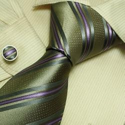 Green Striped Mens Ties Lot Olive Stripes Boyfriend's Gift Handmade Silk Tie Cuff Links Set 6543