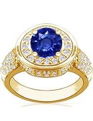 14K Yellow Gold Round Cut Blue Sapphire Ring With Sidestones