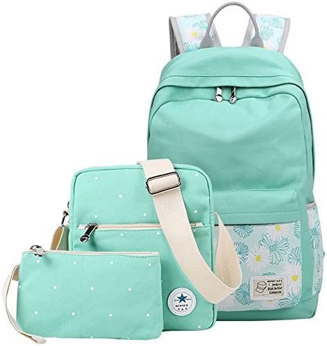 TOPEST Flora Lightweight Canvas Laptop School Backpack+Messenger Bag+Pencil Case-3 PCS (Water Blue)