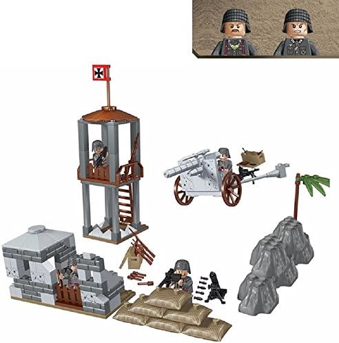 WW2 German Army Outpost + Artillery Cannon + 4 Soldier Minifigures + Weapons + Barricades + Accessories