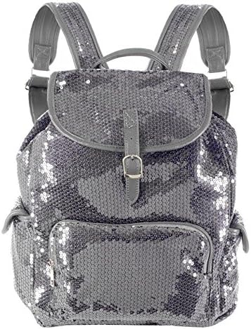 Glittery Sequined Large Drawstring Backpack Pewter