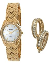 Peugeot Womens 648 Quilted Gold-tone Watch & Crystal Earring Gift Set