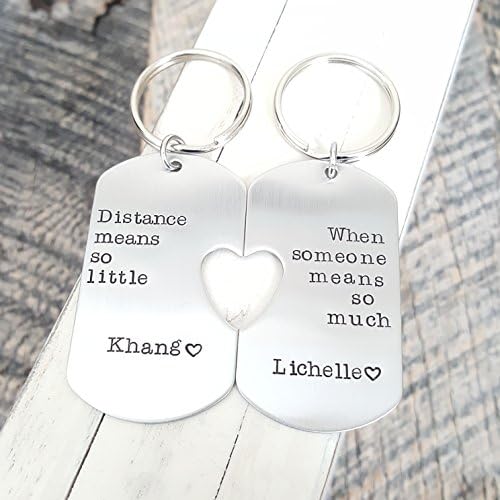 Custom military dog tag Long Distance Relationship hand stamped his and her set Ill hold you in my heart couples Keychains jewelry