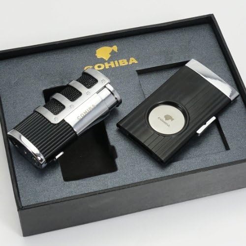 COHIBA POLISHED CHROME/BLACK TRIPLE TORCH LIGHTER & CUTTER GIFT SET