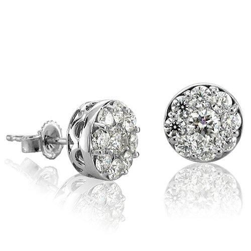 18k White Gold Floral Cluster Diamond Earrings Studs (G-H, SI-I, 1.46 carat)