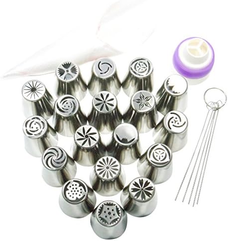 Pridebit New Russian Piping Tips - Cake/Cupcake Decorating Icing Tips - 18 Extra Large Stainless Steel Piping Tips 1 XL Coupler 5 Cleaning Brushes 5 Pastry Bags