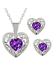 1.57 Ct Heart Shape Purple Amethyst Sterling Silver Pendant Earrings Set
