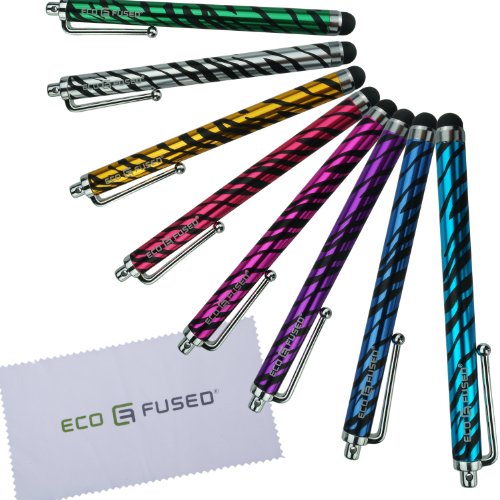 Eco-Fused 8 Stylus Pen Bundle / Zebra Print Stylus Pens / Compatible with All Capacitive Touchscreen Devices including iPhone, Android Phones, Tablets, iPad, iPod / Microfiber Cleaning Cloth Included