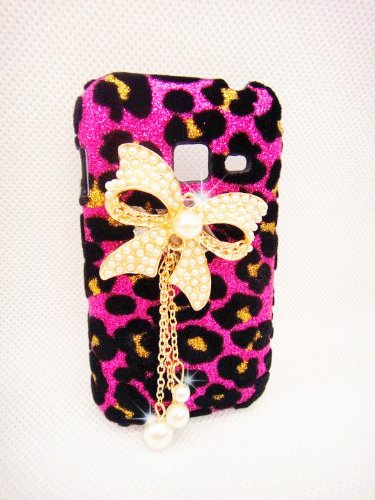 Luxury Pearl pink Leopard Crystal Diamond Rhinestones BOW bow-knot Flower Transparent Back Hard Case Cover Shell for Samsung Galaxy Discover S730G / Galaxy Centura S738C (StraightTalk/Net 10/Tracfone)